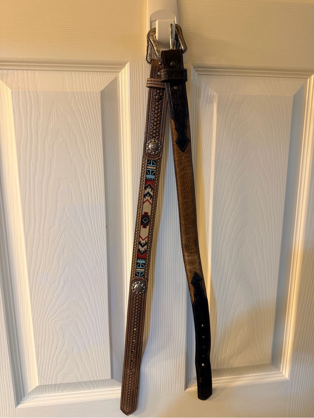 Decorative Brown Leather Belt with Multicolor Beaded Accent